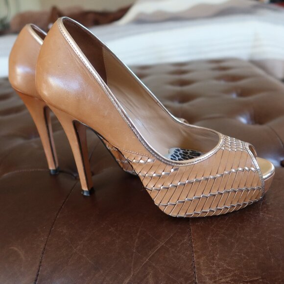 $325 Cole Haan Eve Air Hi OT peep toe pumps beige/penny mirror 6.5B shoes/sandal - Picture 1 of 14